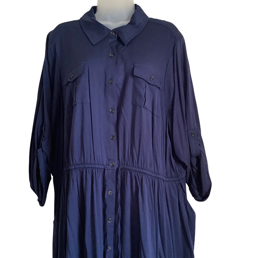 Torrid Navy Blue Button Down Roll Tab Sleeve Midi Shirt Dress Plus Size 3 3X